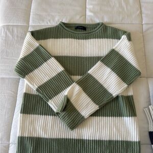 Classic Olive and White Striped Crewneck Sweater